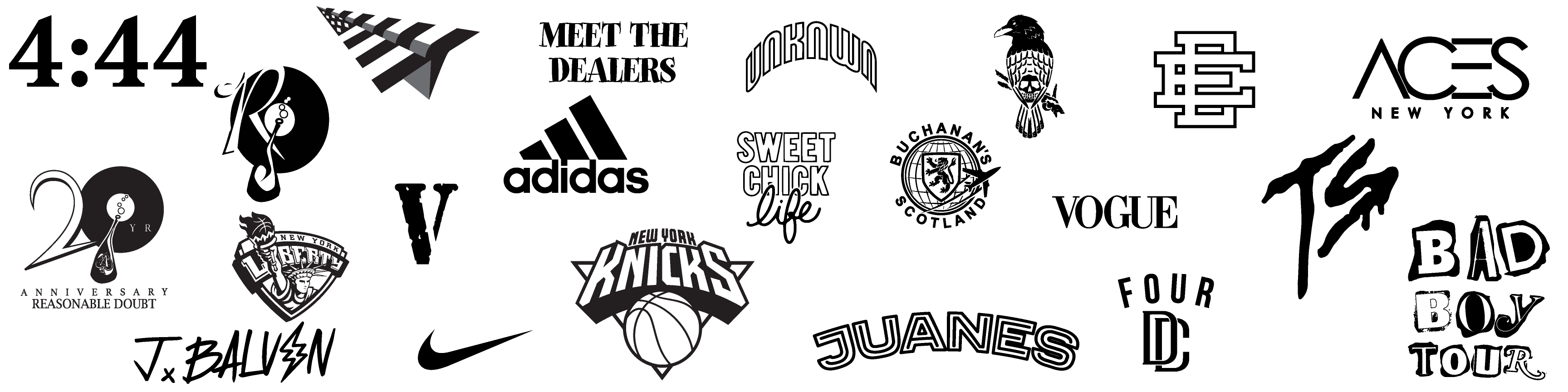 Logos of past clients including Nike, Adidas, New York Knicks, Vogue and others