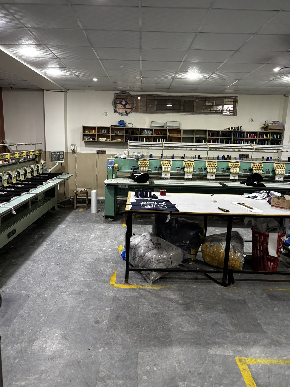 Embroidery machines on the factory floor