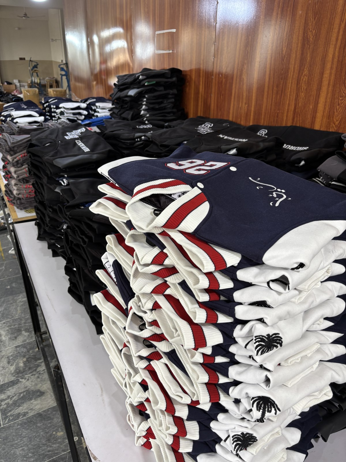 Finished varsity jackets and hoodies ready to ship