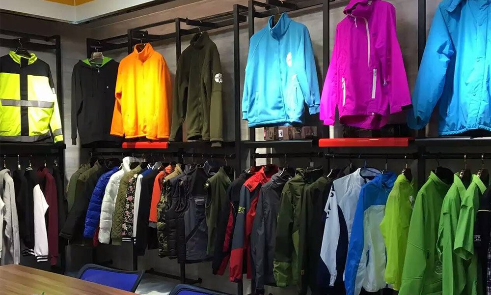 Showroom display of finished jacket and hoodie styles